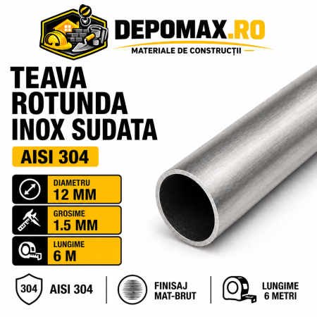 Teava rotunda inox sudata AISI 304, 12 x 1.5 mm, 6 metri